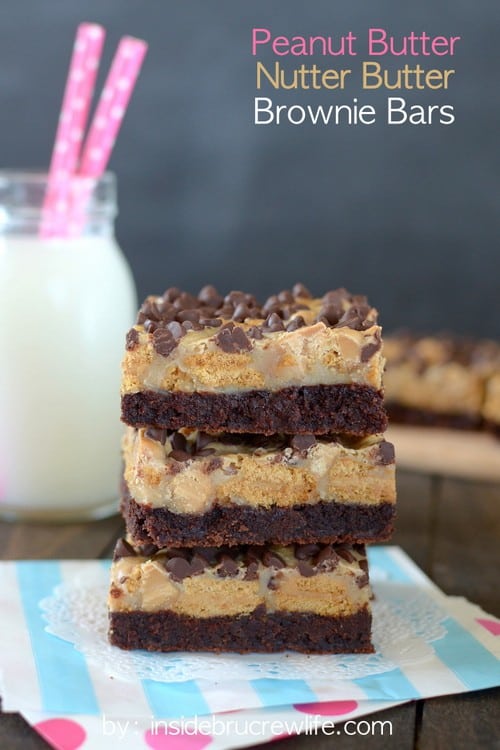 The peanut butter chips and the peanut butter cups on top put these over the top! Peanut Butter Nutter Butter Brownie Bars