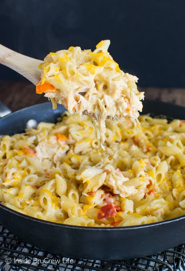 Chicken strips get a crispy bread crumb coating in this dinner recipe. Cheesy Chicken Pasta Skillet Recipe - Inside BruCrew Life