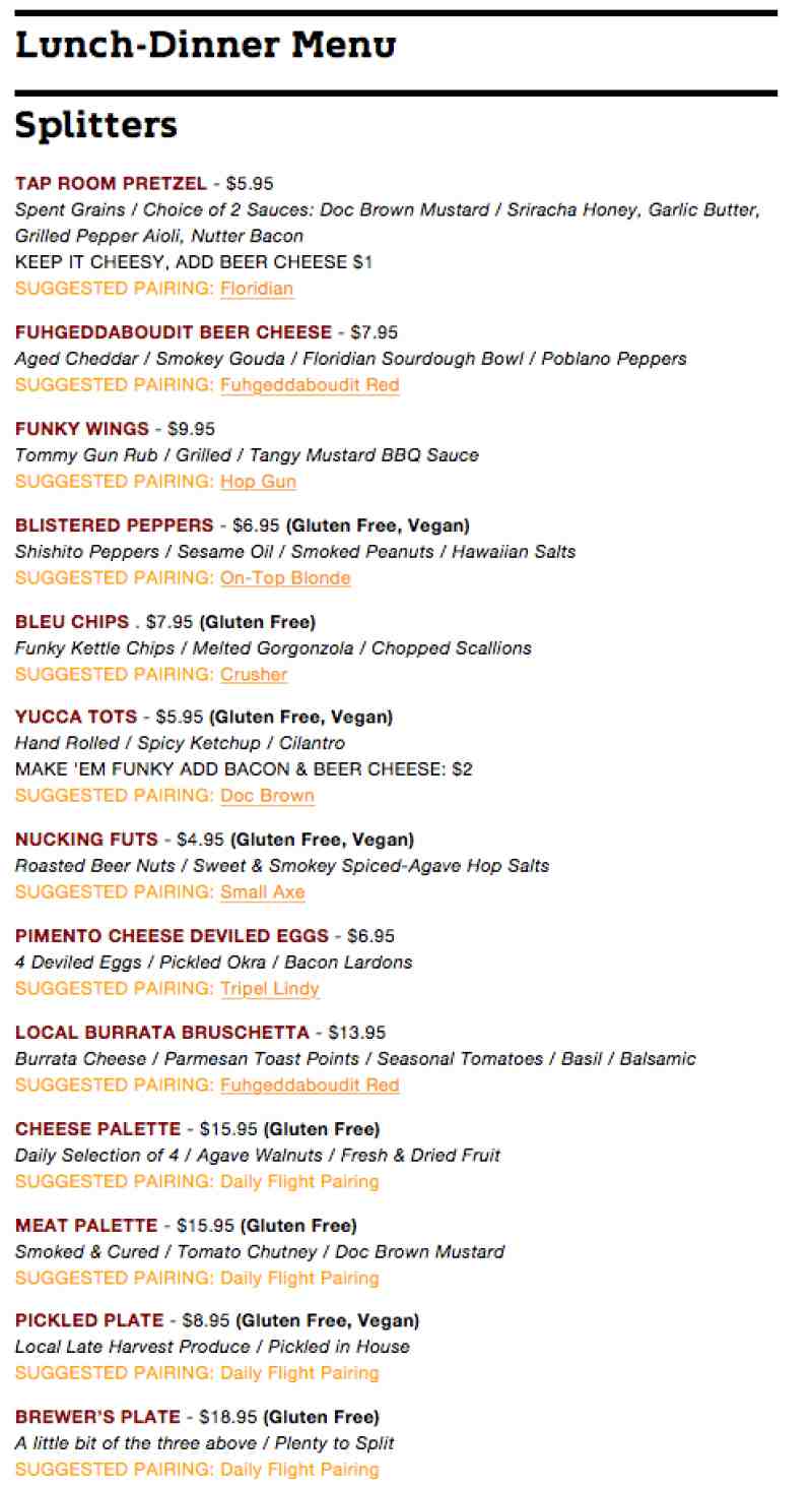 Menu for Funky Buddha Brewery (1201 NE 38th St Oakland Park FL, 33334)
