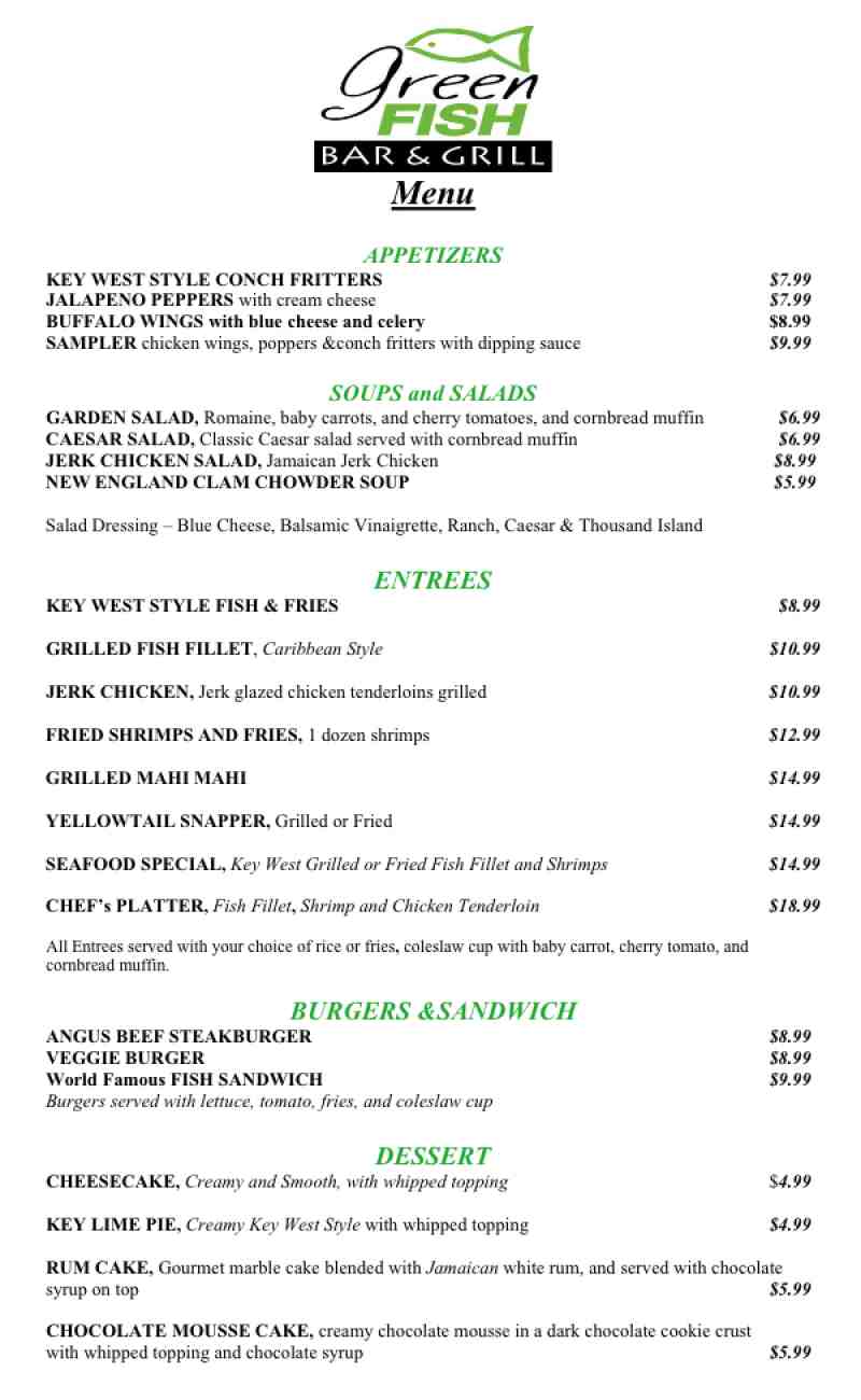 Menu for Green Fish Waterfront Bar and Grill (2528 N Federal Hwy Fort