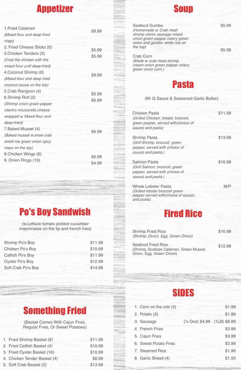 Menu for Mr Q Crab House (5975 North Federal Highway Fort Lauderdale FL