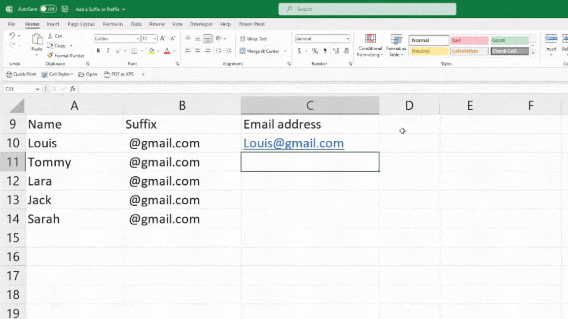 How to Add a Suffix or Prefix to Cells in Excel