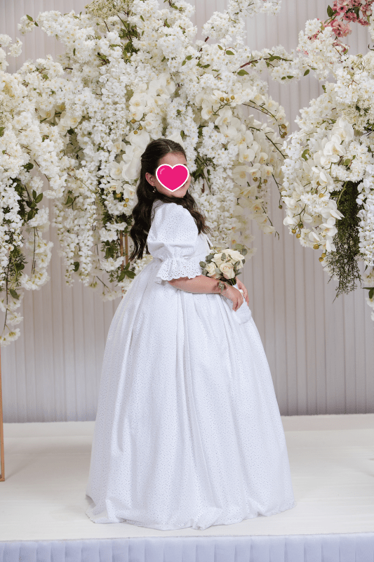 Beautiful Custom Made White Eyelet Gown for Little Girl for sale