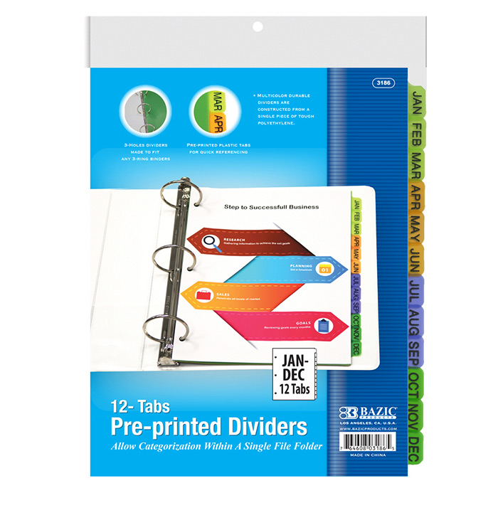 3Ring Binder Dividers w/ 12Preprinted JanDec Tab InStock Supplies