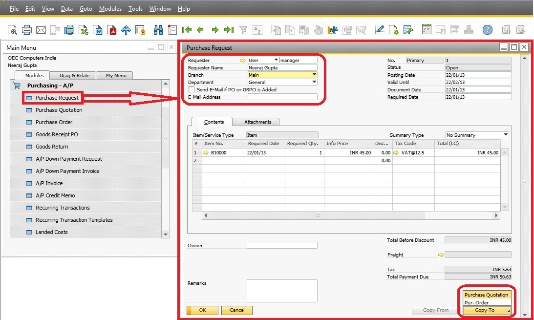 Purchase Request in SAP Business One 9.0, SAP Business One 9.0