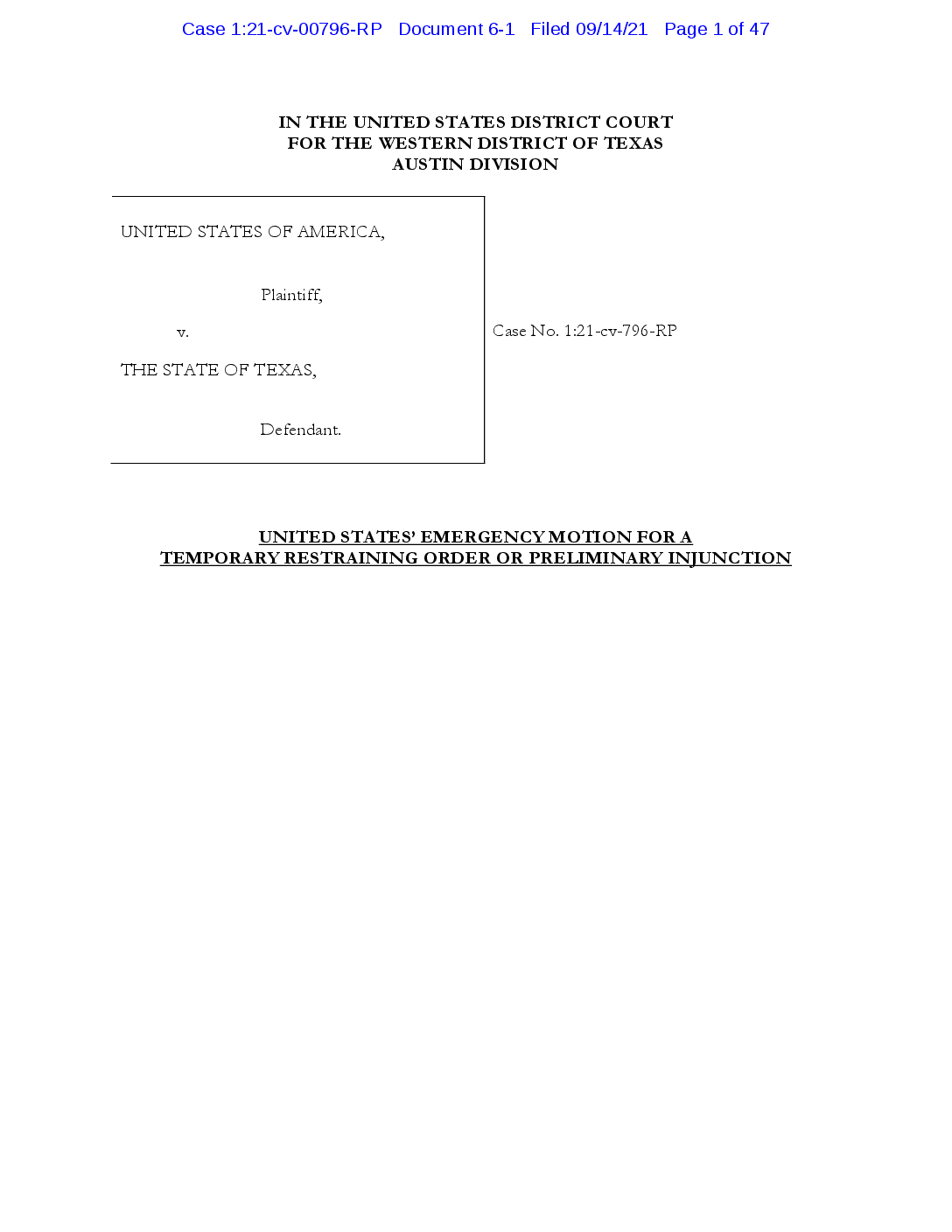 Justice Dept.’s Emergency Motion Asking a Judge to Block Texas