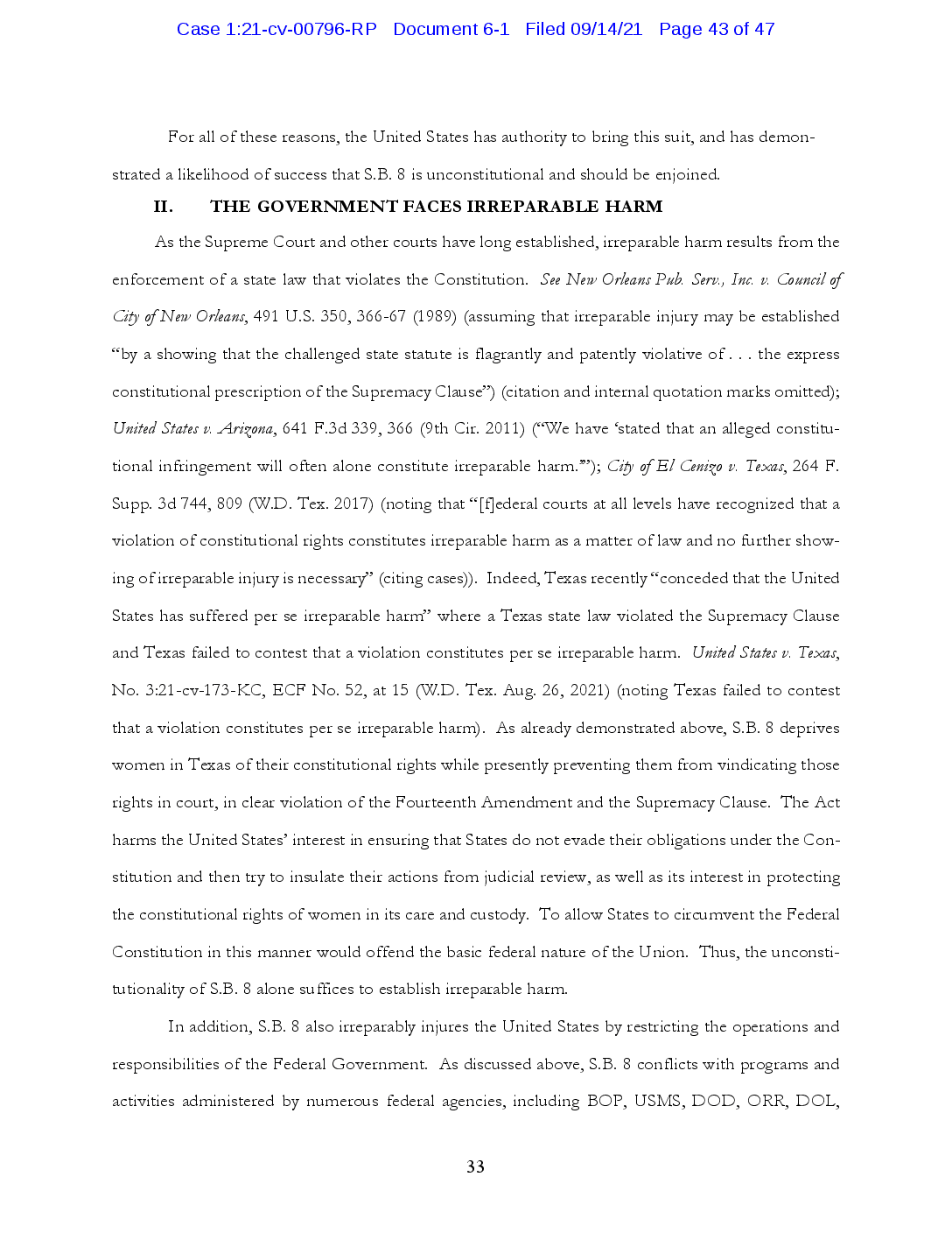 Justice Dept.’s Emergency Motion Asking a Judge to Block Texas