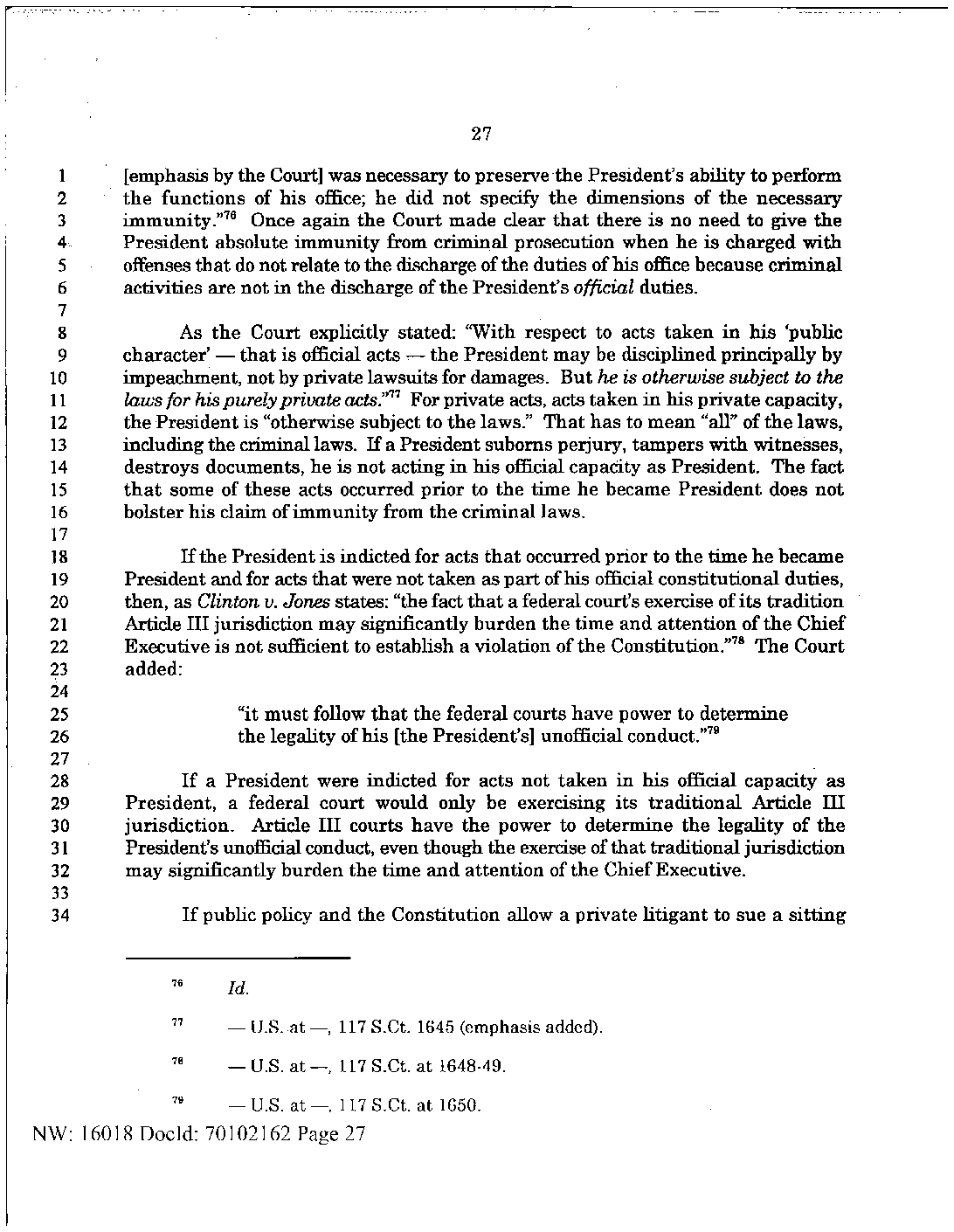 Newly Disclosed Clintonera Memo Says Presidents Can Be Indicted The New York Times