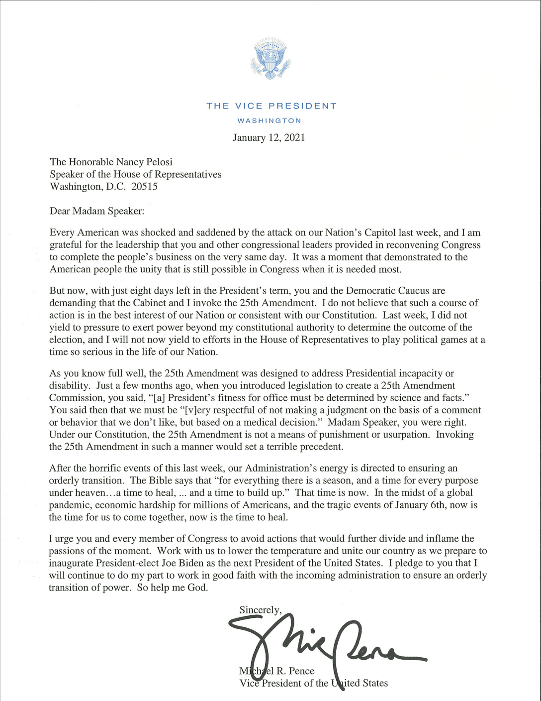 Read Pence’s Letter to Pelosi The New York Times