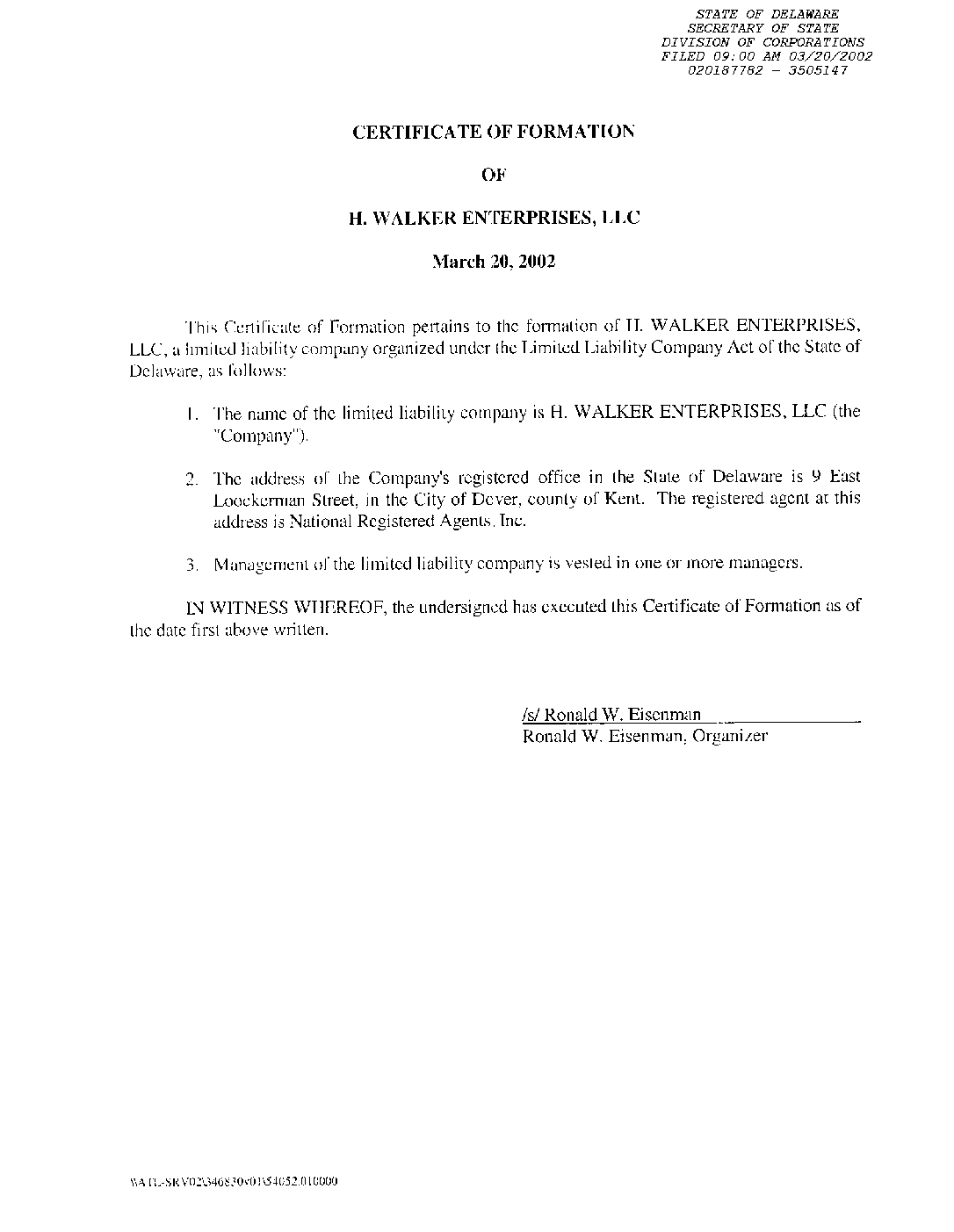Corporate Charter for H. Walker Enterprises The New York Times