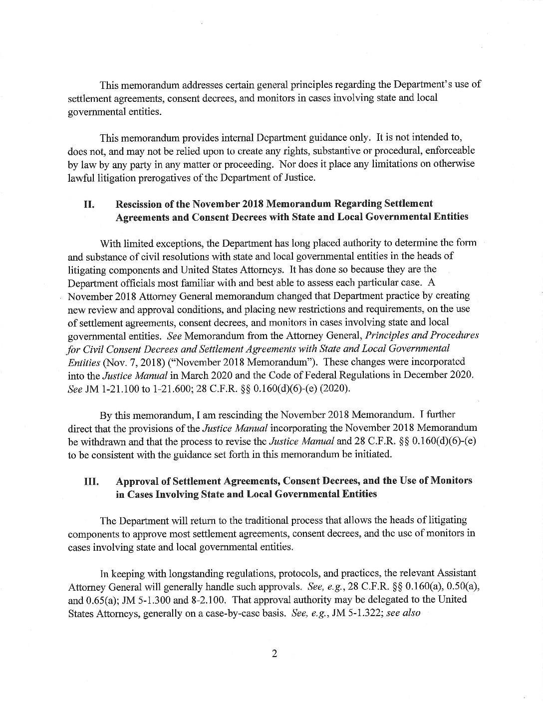 Justice Dept. Memo on Consent Decrees The New York Times