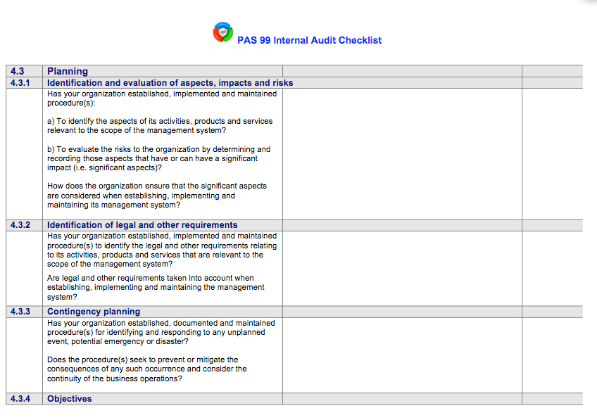 PAS 992006 Internal Audit Checklist Integrated Standards
