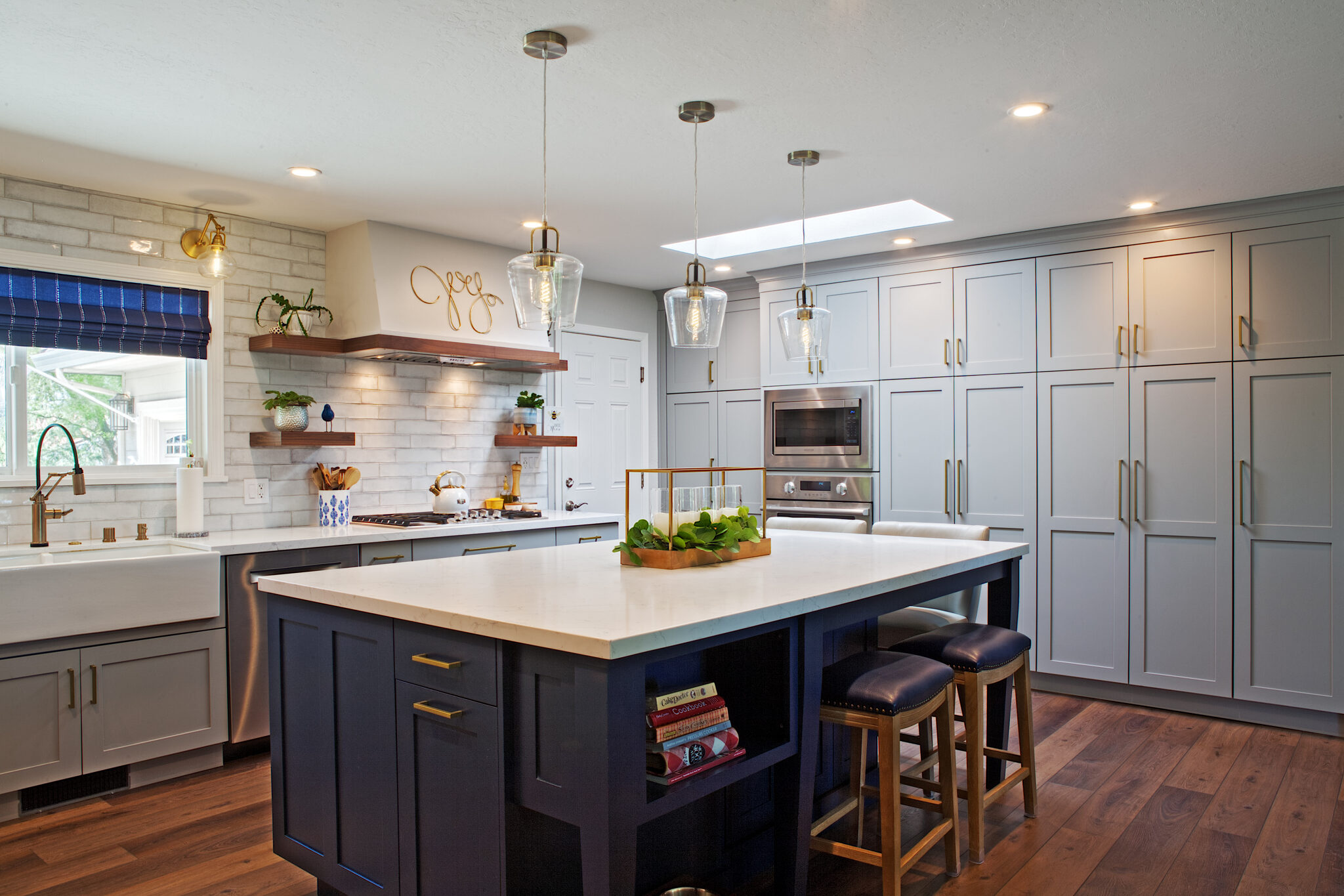 Integrated Kitchens Transitional Grey, Navy & Walnut Open Concept