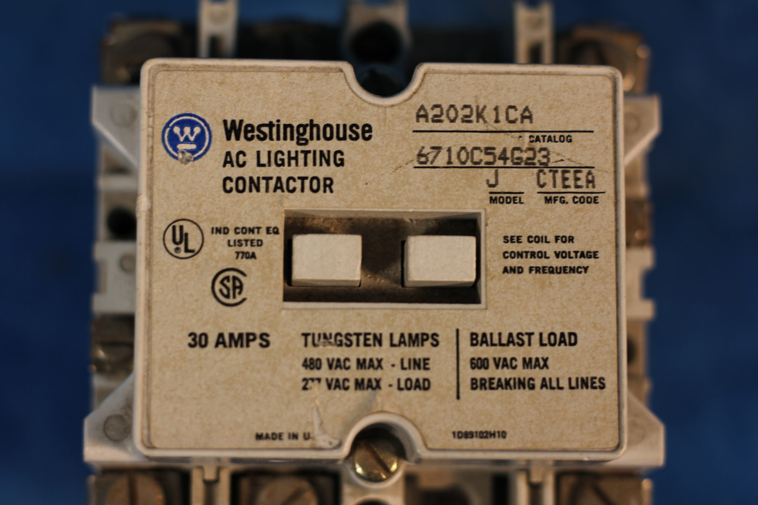 Westinghouse AC Lighting Contactor 30 Amps A202K1CA MODEL J 1 YEAR