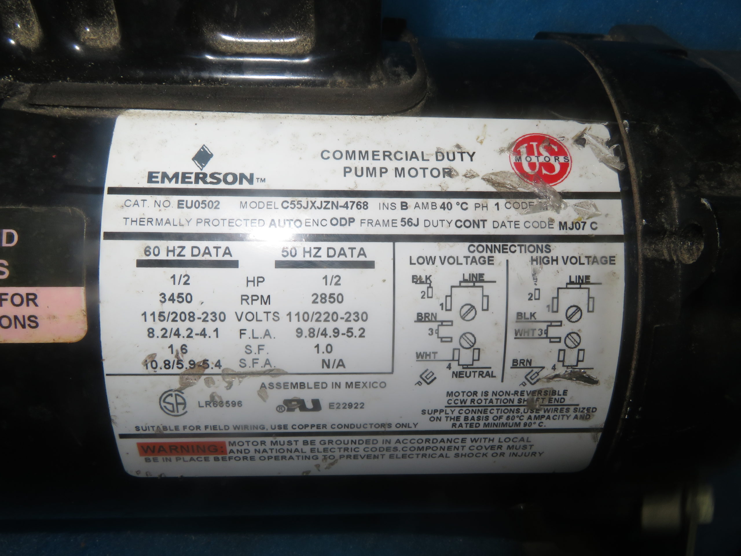 Emerson C55JXJZN4768 H5B4S Pump Motor + 1 Year Warranty Integrity