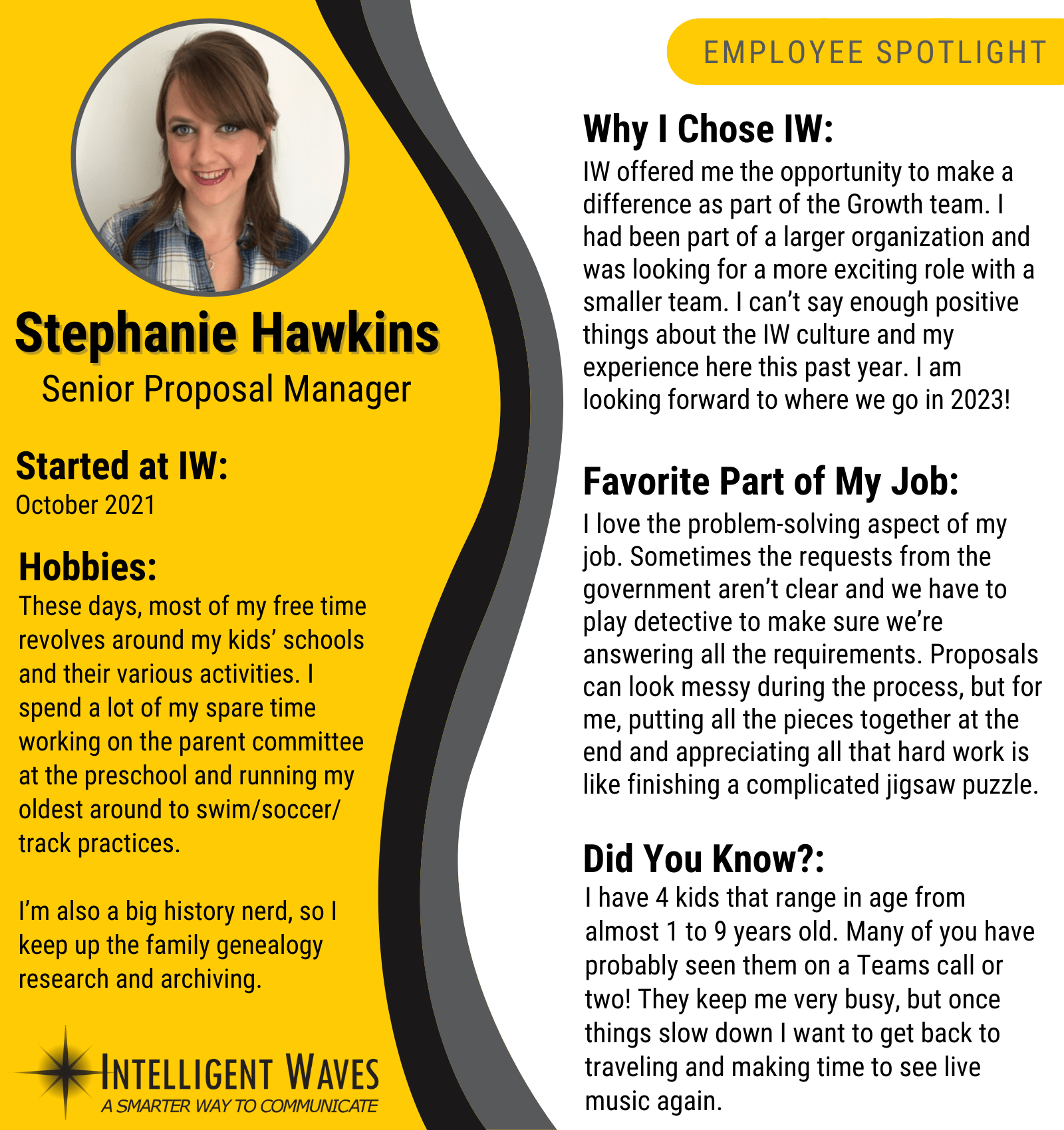 Stephanie Hawkins Intelligent Waves Employee Spotlight