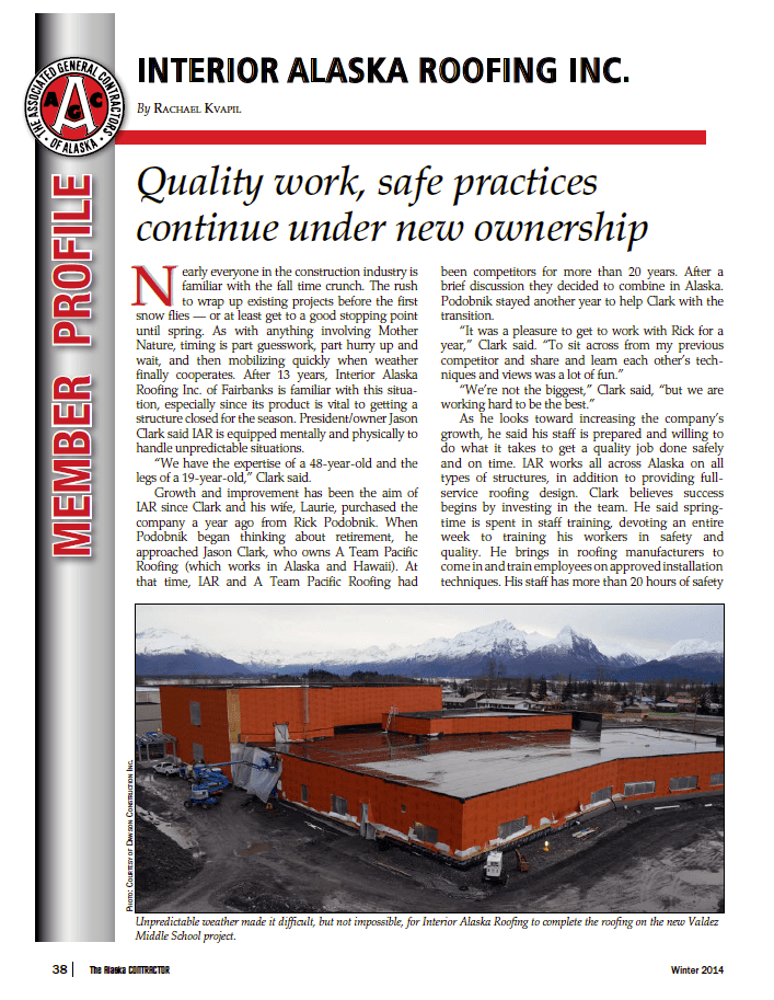 Our Awards Interior Alaska Roofing