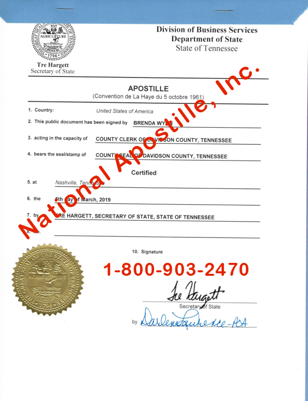 Tennessee Apostille Example