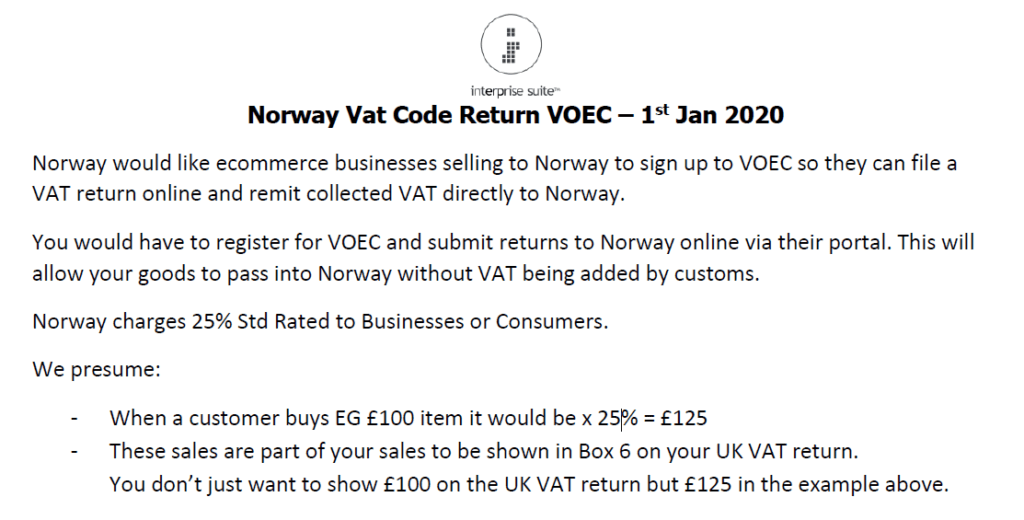Norway Vat Code Return VOEC 1st Jan 2020 CRM Software Accounting Software Sage 200