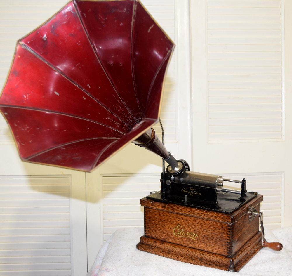 Edison Fireside Phonograph with maroon baby morning glory horn for sale