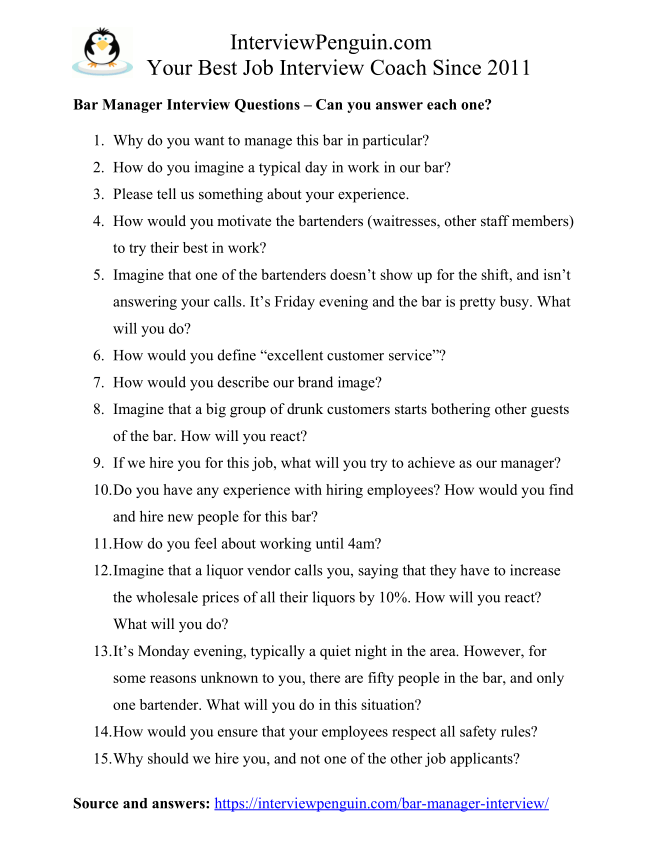 TOP 15 Bar Manager Interview Questions & Answers