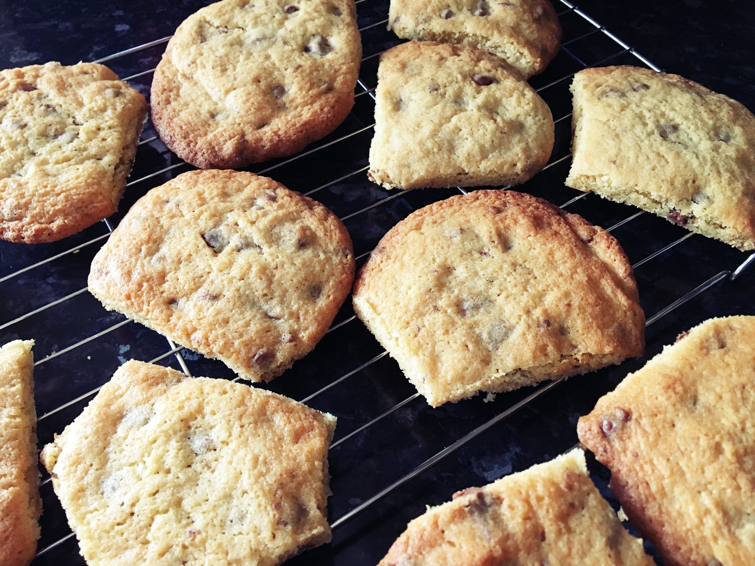 A close up of the cookies, showing the inside of some where they've been separated as proof that they are in fact cookies!