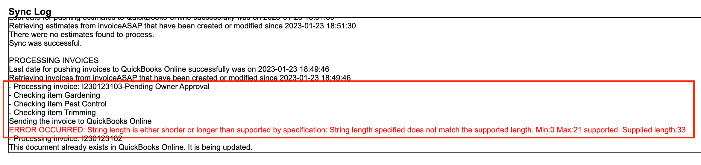 Sync Error String length is either shorter or longer than supported by