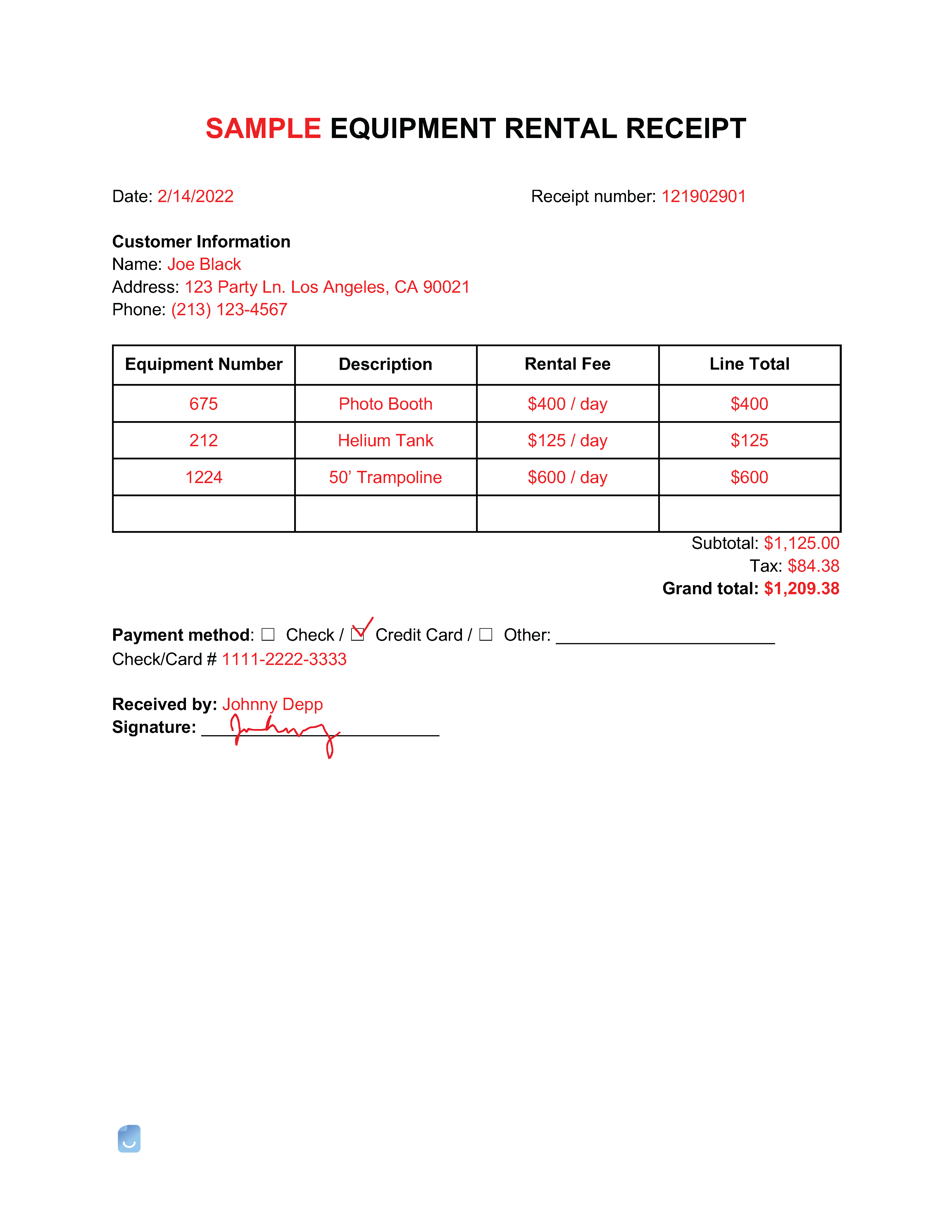 Equipment Rental Receipt Template Invoice Maker