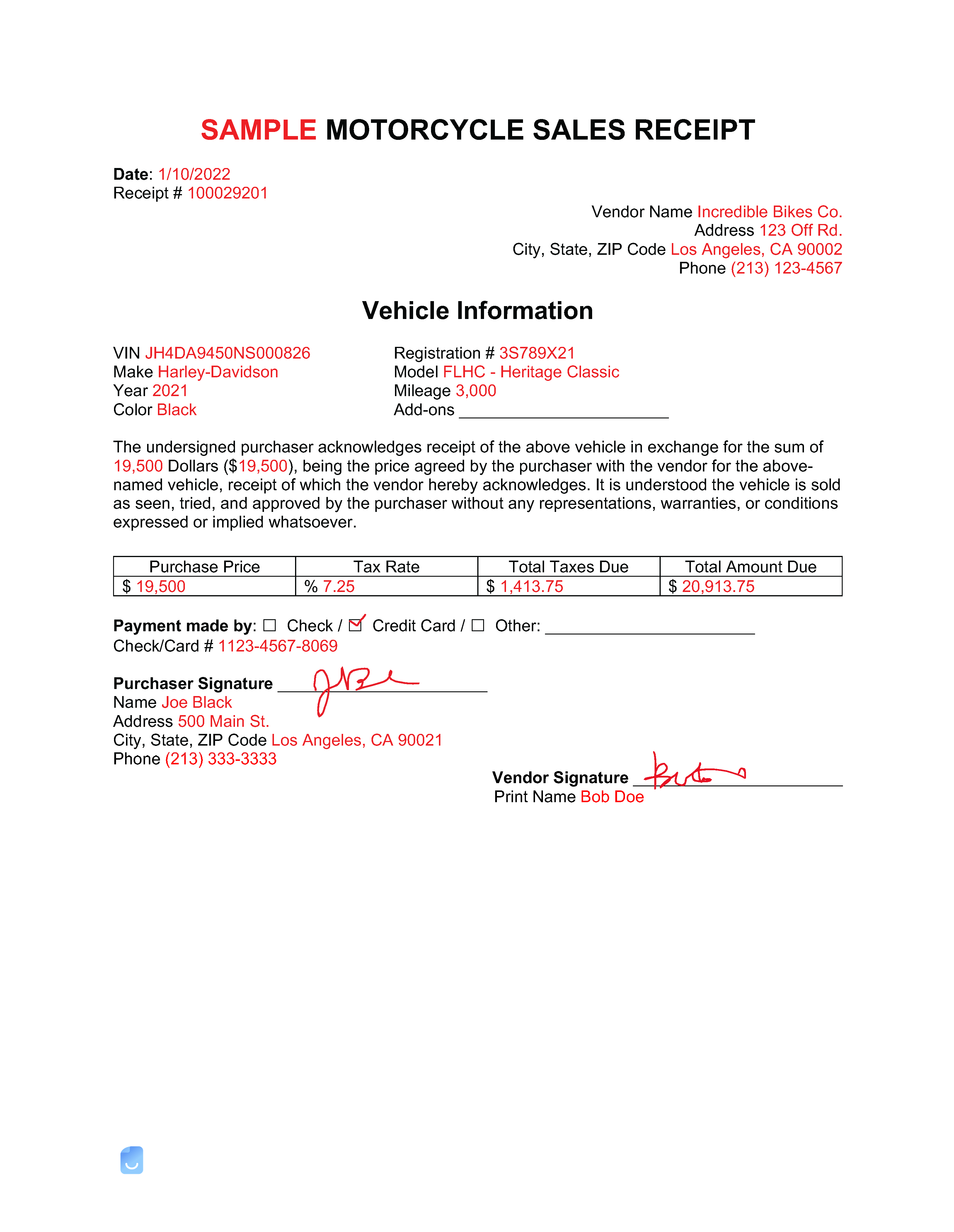 Motorcycle (Sales) Receipt Template Invoice Maker
