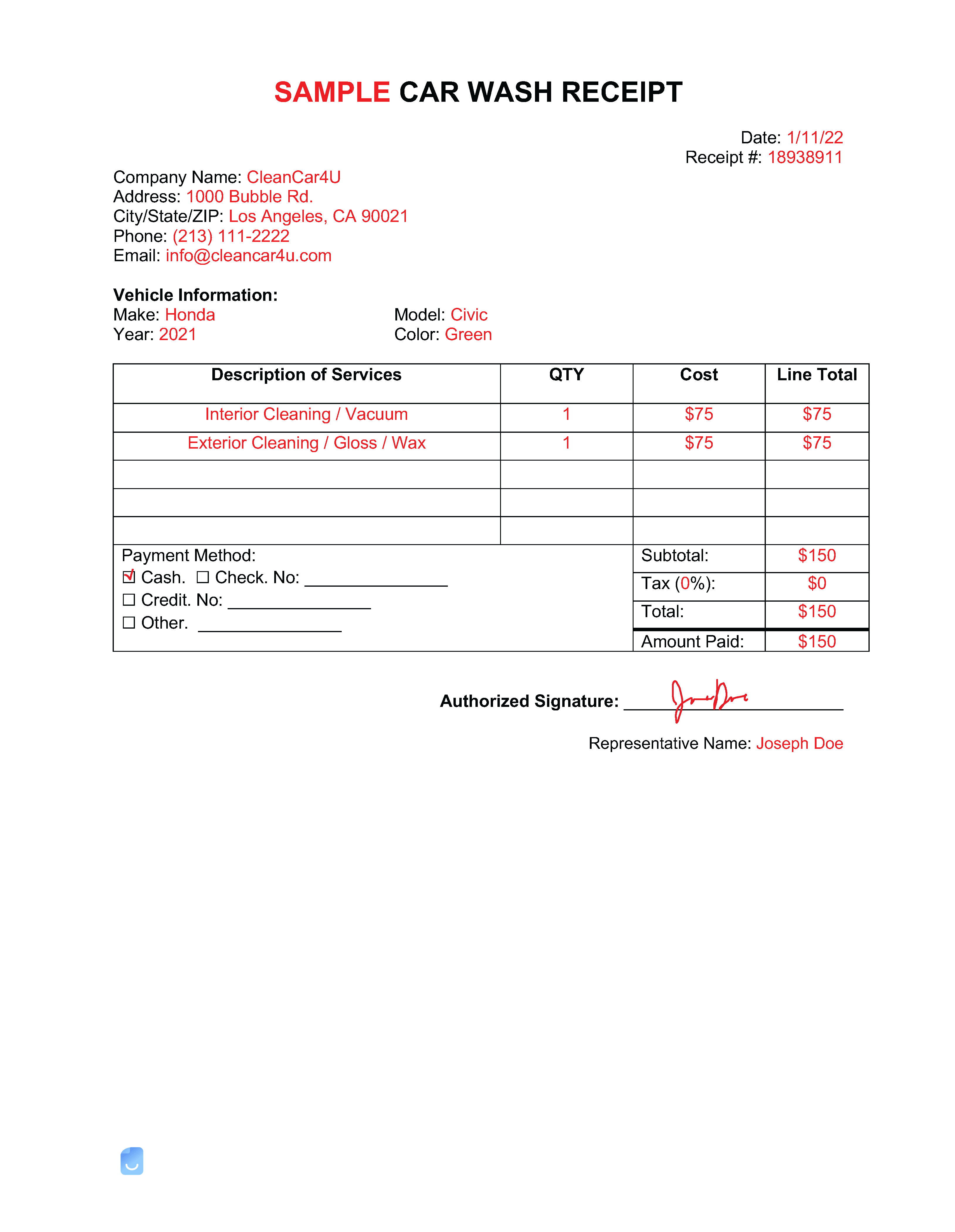 Car Wash Receipt Template Invoice Maker