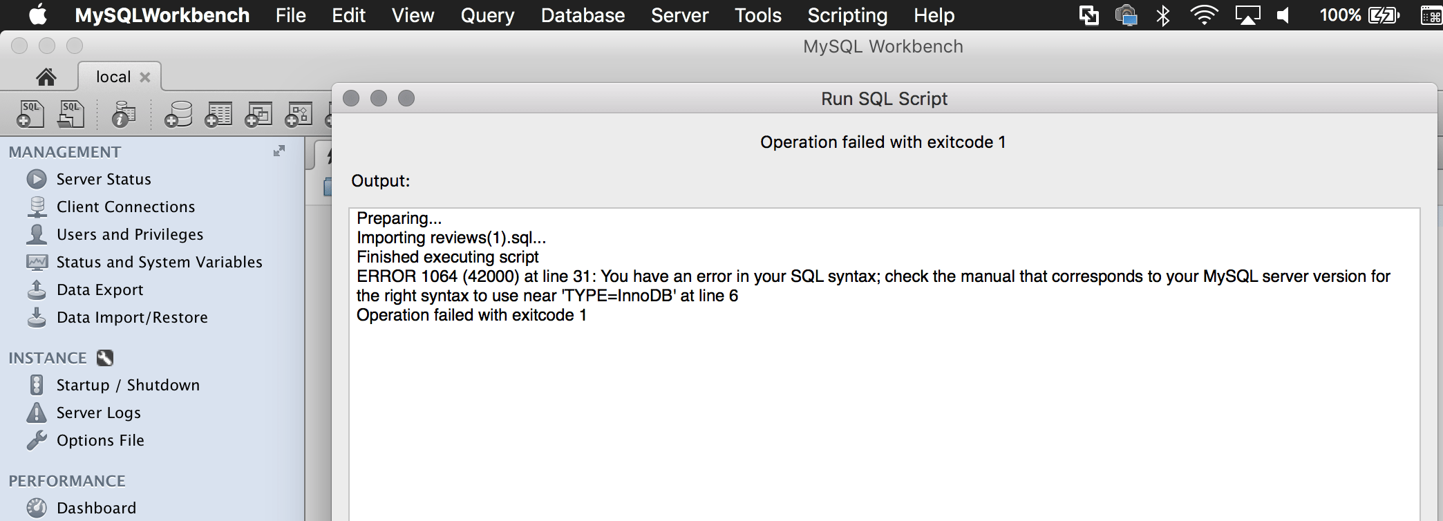 ERROR 1064 Using “TYPE = InnoDB” in MySQL throws exception iodocs