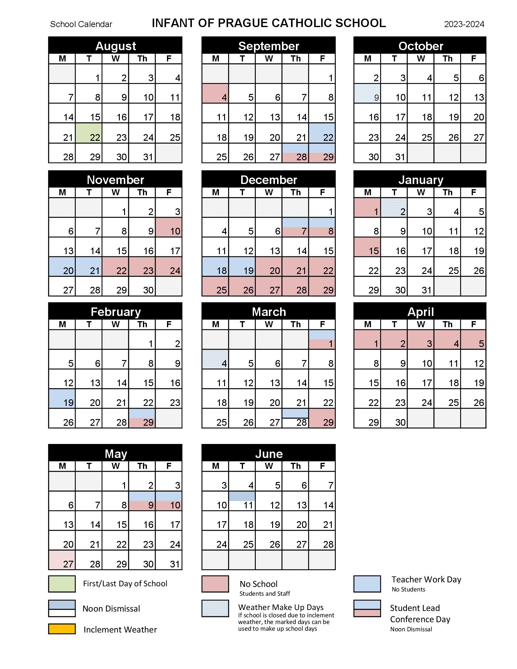 School Calendar Infant of Prague Catholic School