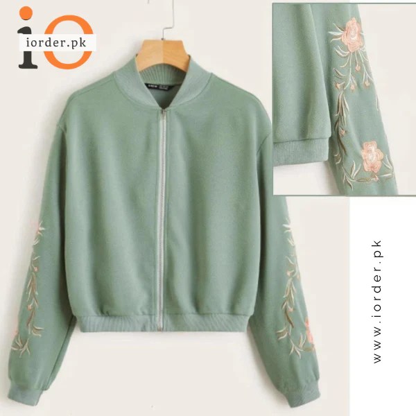 Green Embroidered Floral Detail Zip Up Bomber Jacket For Women iorder.pk