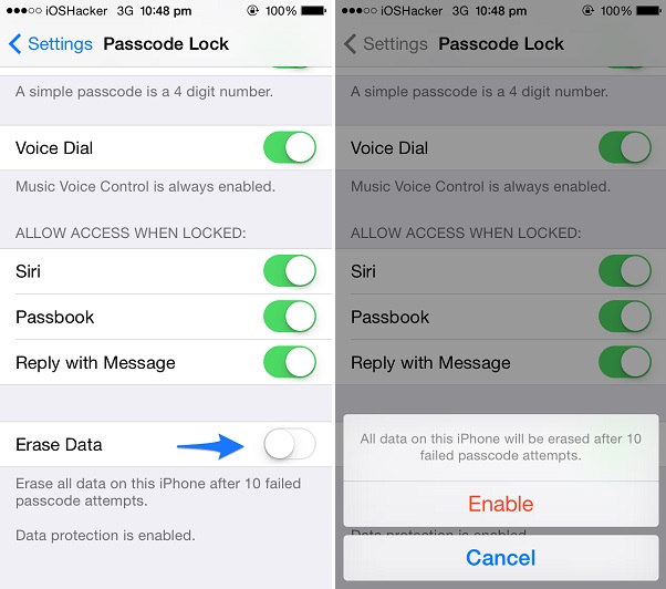 Enable Erase Data option to delete data after 10 failed