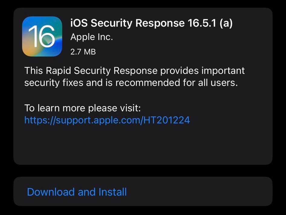 Apple Releases Rapid Security Response iOS 16.5.1 (a) For Everyone