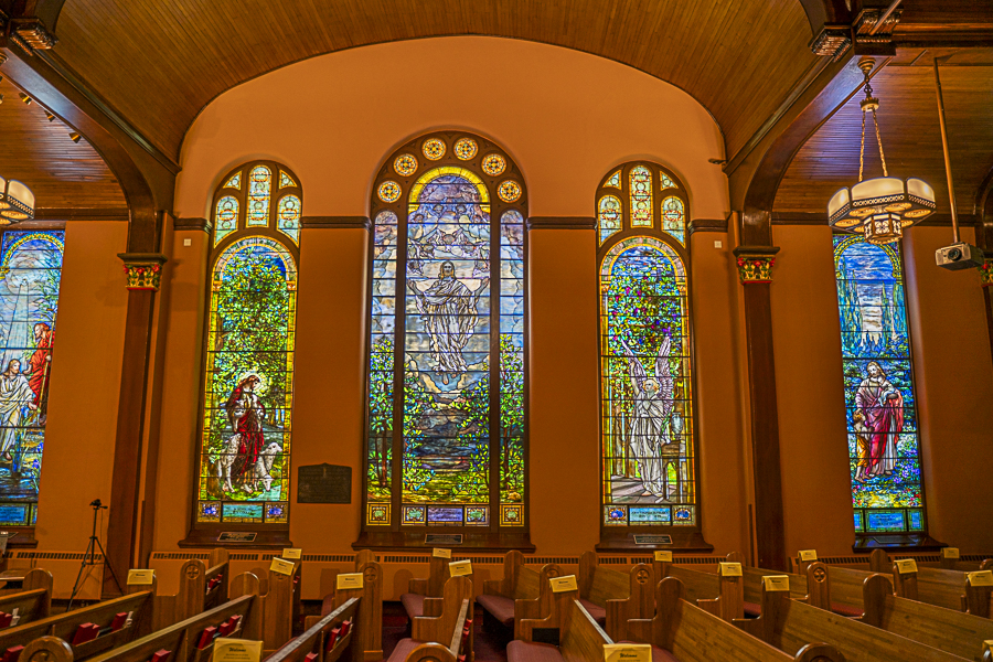 See over 100 Tiffany stained glass windows at St. Luke’s Church in
