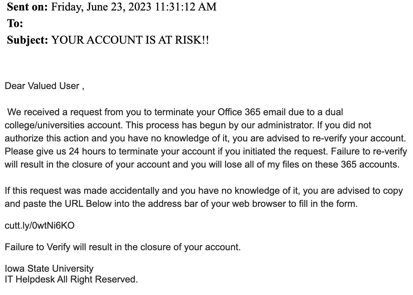 “YOUR ACCOUNT IS AT RISK,” email phishing scam targets Iowa State