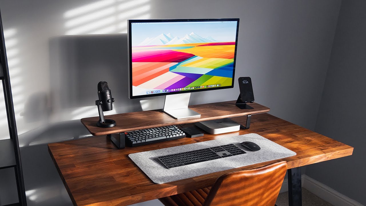 Minimal Desk Setup Mac Mini + Studio Display iPhone Wired