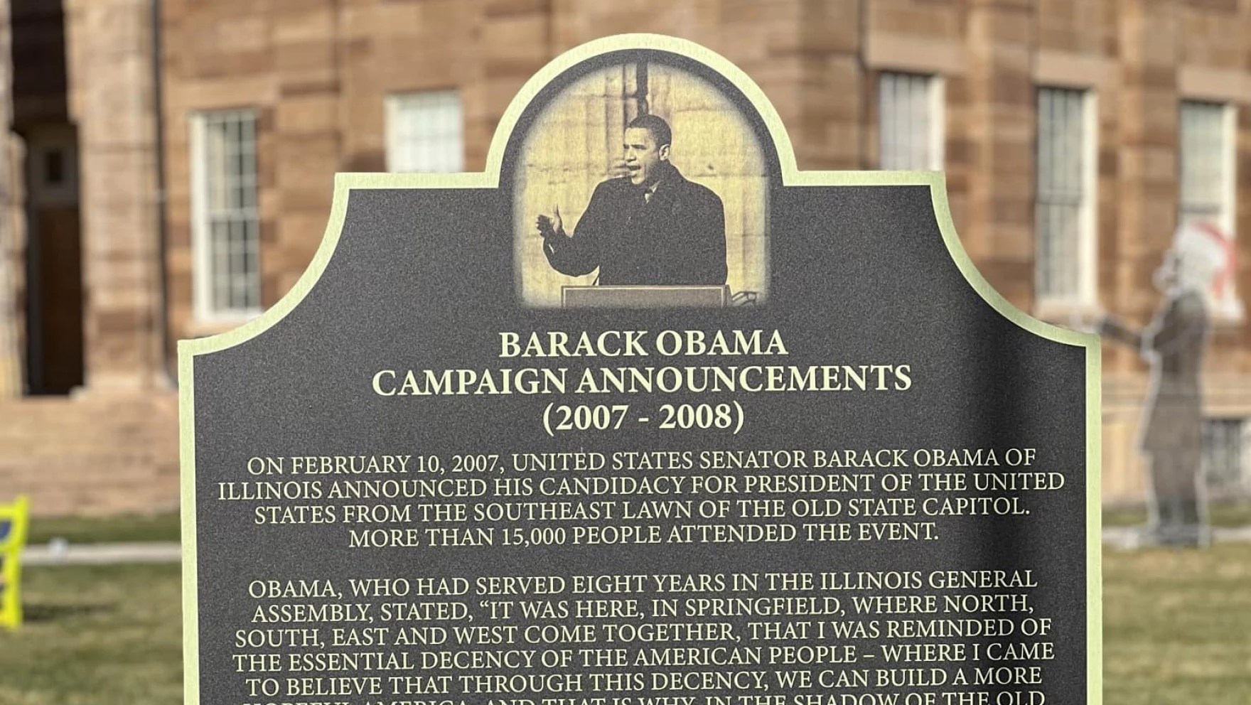 Plaque dedicated marking the Springfield site of Obama’s presidential
