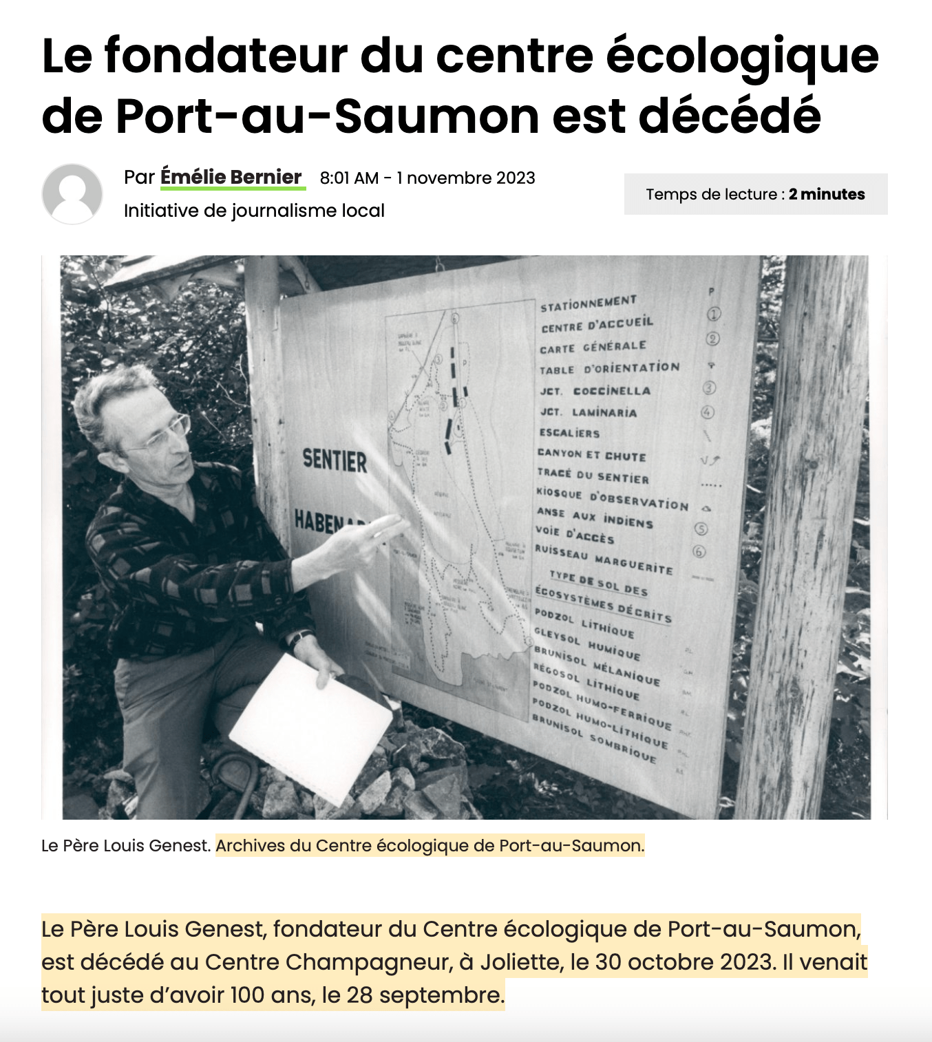 Décès du fondateur du Centre Écologique de PortauSaumon IQBIO