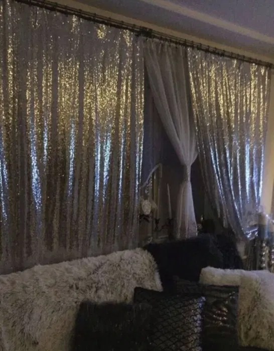 Zasłony srebrne cekinowe błyszczące Glamour komplet dwóch sztuk nowe