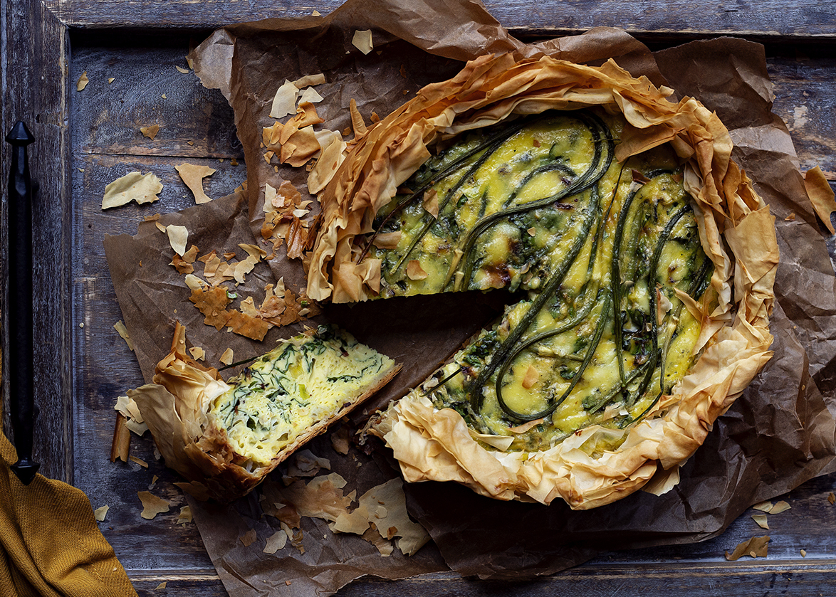 Garlic Scape Rainbow Swiss Chard and Halloumi Phyllo Quiche Irene Matys