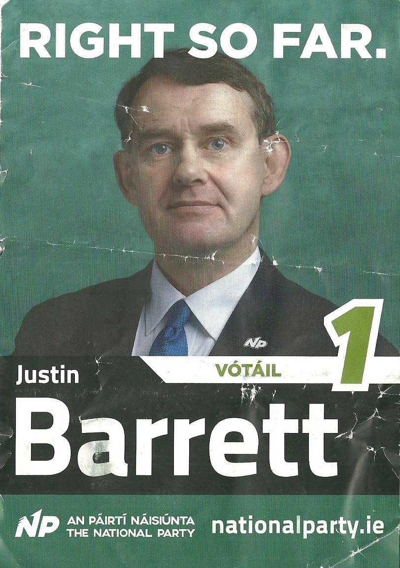 Leaflet from Justin Barrett National Party Dublin Bay South Bye