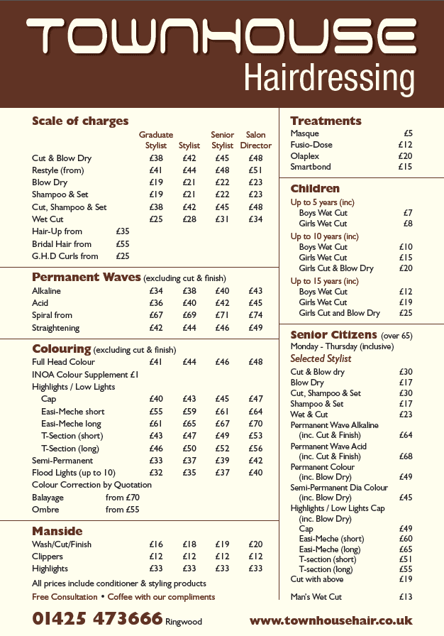 Prices for our hairdressers in Ringwood