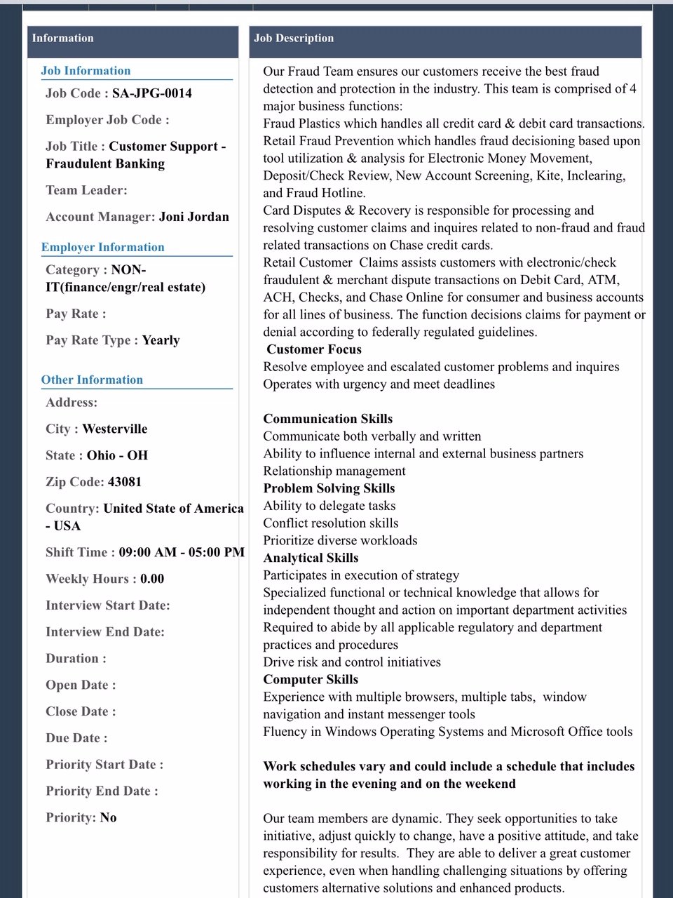 JOB OPENING in Columbus, OH. area