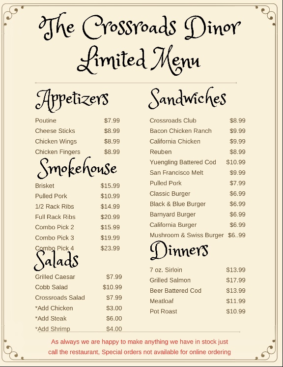 The Crossroads Dinor in Edinboro, PA is home for breakfast, lunch, dinner, and Live music! Come