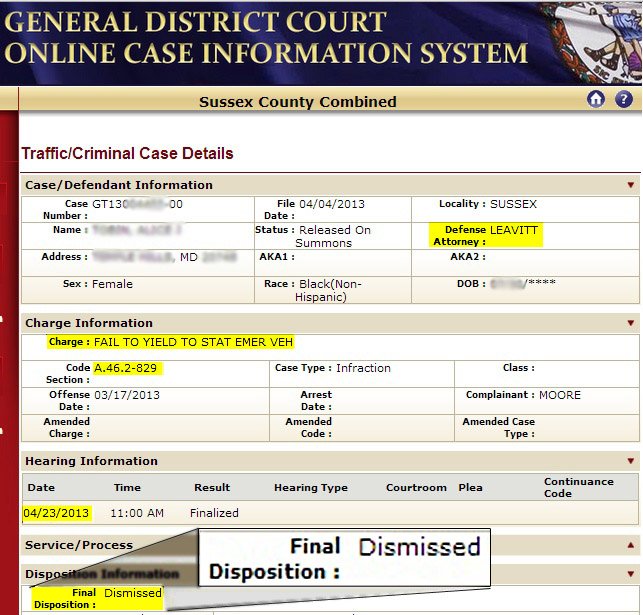 VIRGINIA 46.2829 FAIL TO YIELD TO EMERGENCY VEHICLE