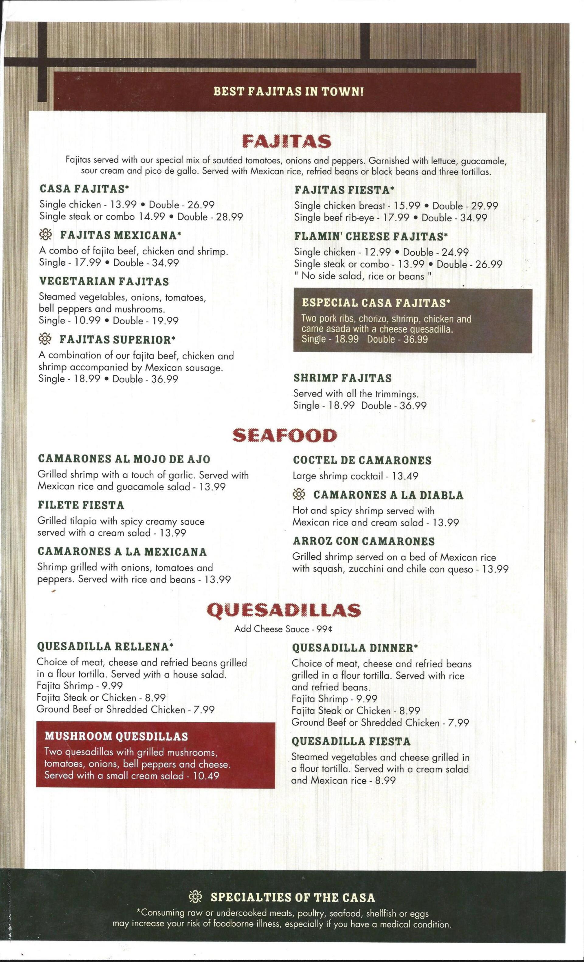 Menu Family Style Mexican Restaurant Trussville, AL Casa Fiesta