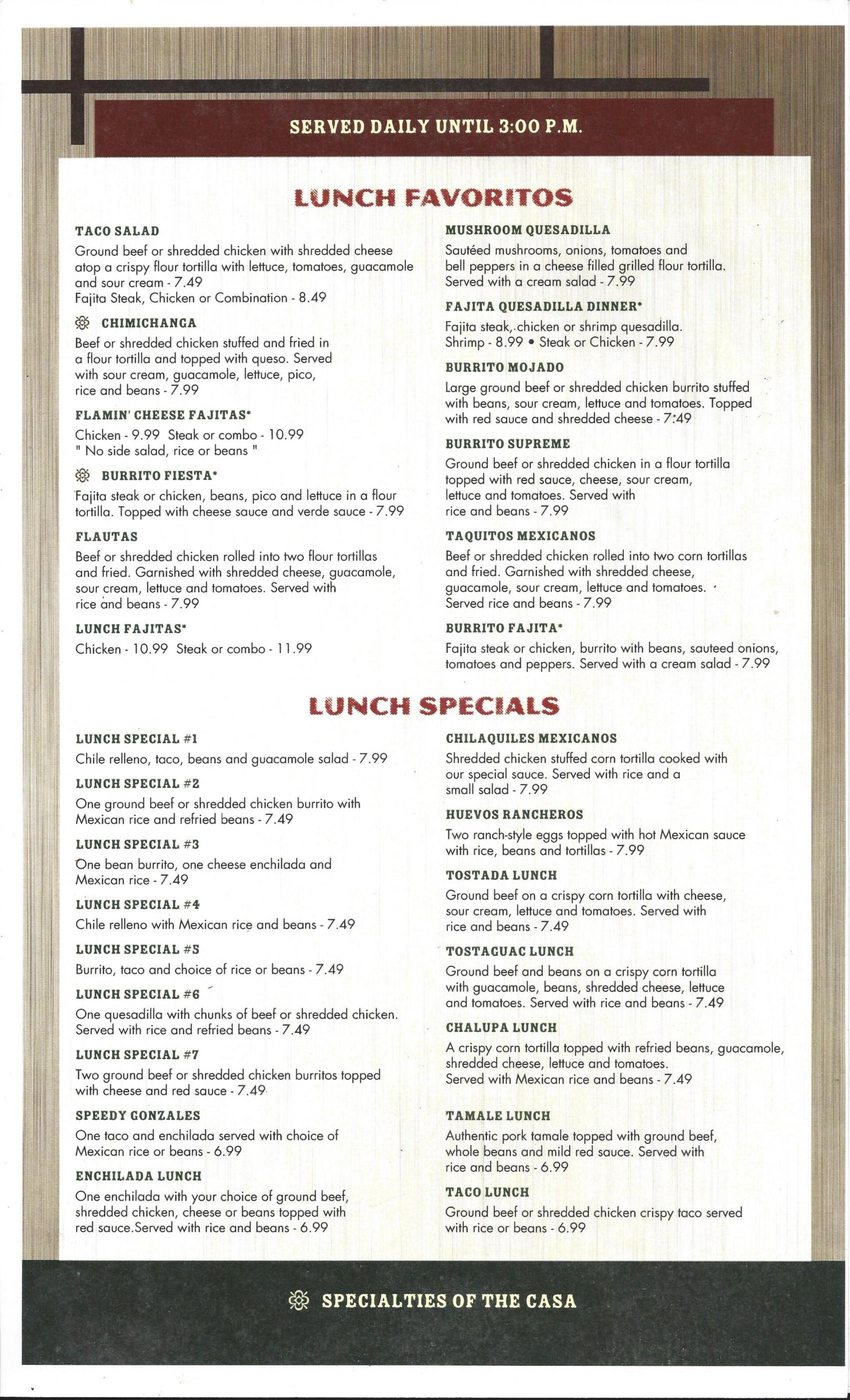 Menu Family Style Mexican Restaurant Trussville, AL Casa Fiesta