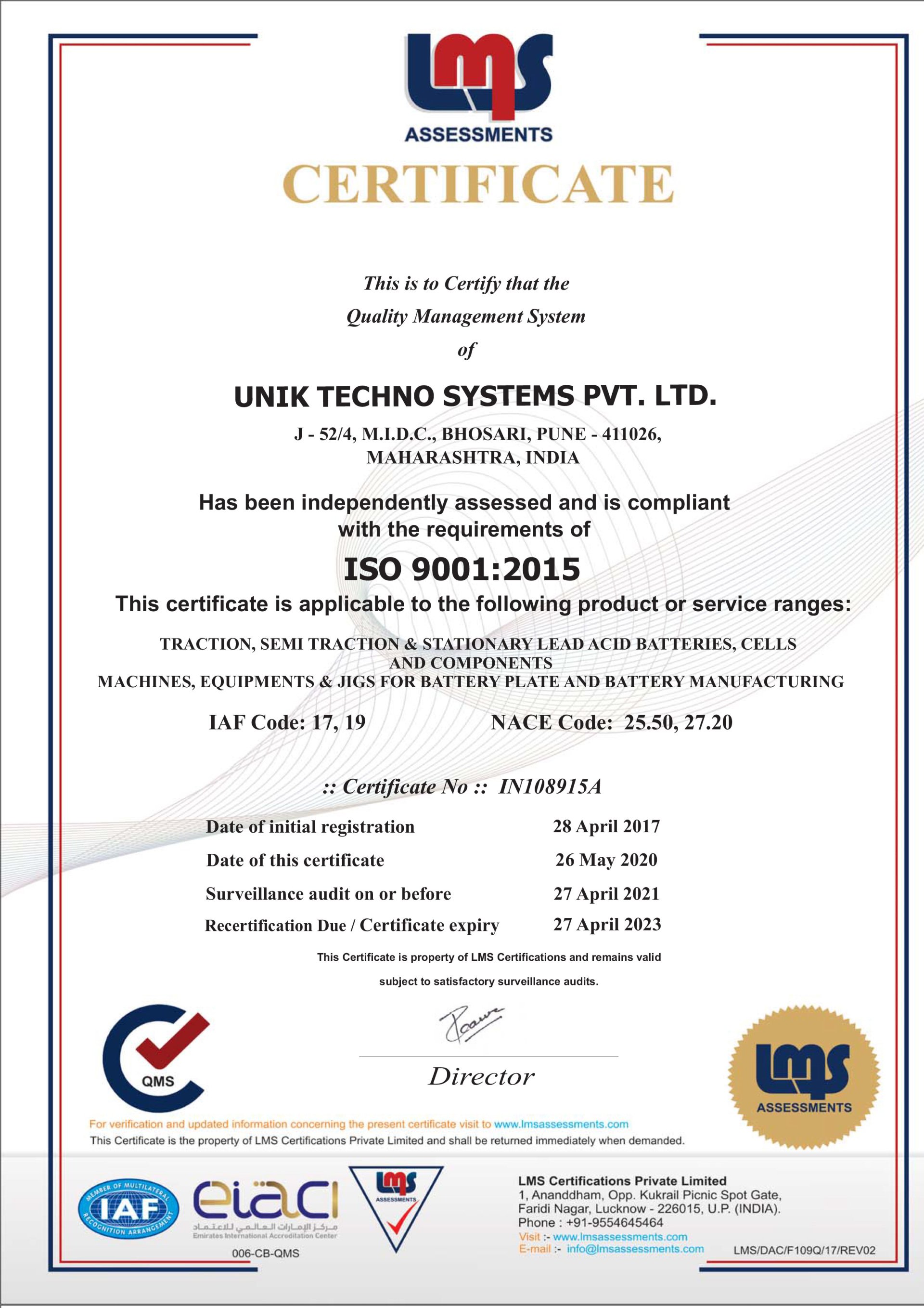 Certified Company for Manufacturing of Battery Machines Unik